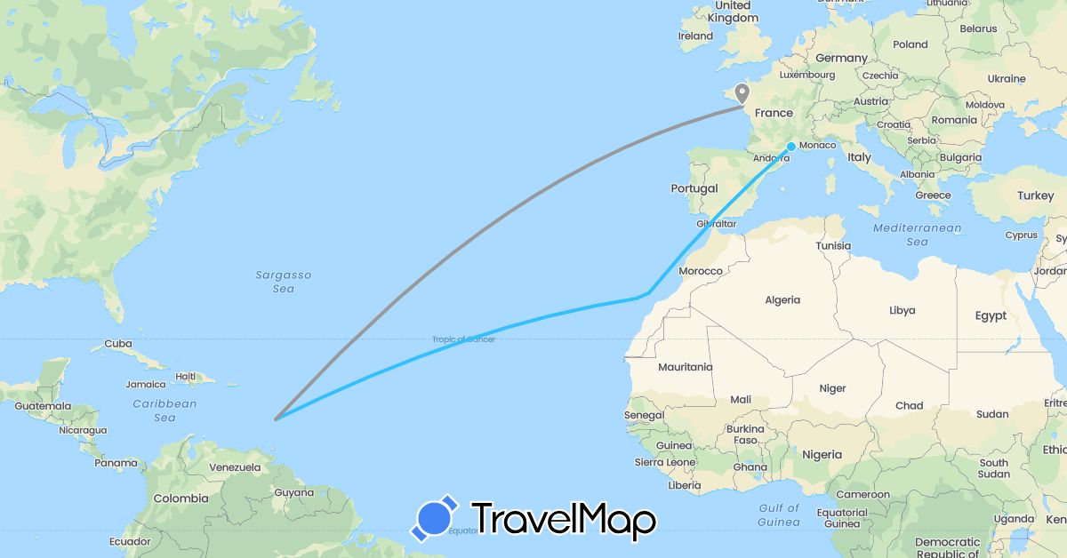 TravelMap itinerary: driving, plane, boat in Spain, France, Saint Lucia (Europe, North America)